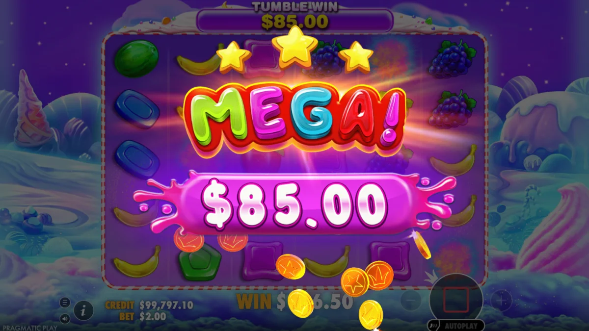 Экран крупного выигрыша в Sweet Bonanza